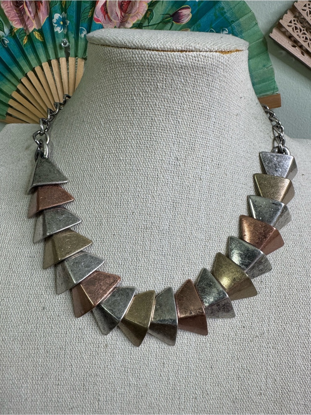 Tri-Tone Geometric Statement Necklace - Antiqued Silver Pewter Plated and Copper